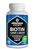 Biotin hochdosiert 10.000 mcg + Selen + Zink für Haarwuchs, Haut & Nägel - Der VERGLEICHSSIEGER* - 365 vegane Tabletten für 1 Jahr, Nahrungsergänzung ohne Zusatzstoffe, Made in Germany